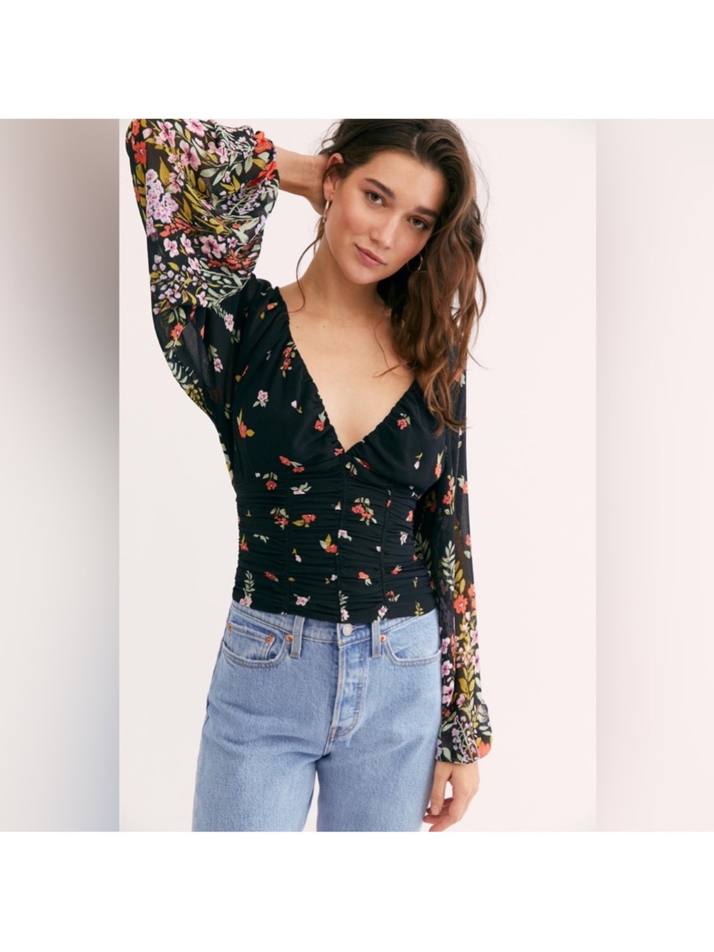 Free People Black Floral Ruched Crop Top with Sheer Long Sleeves